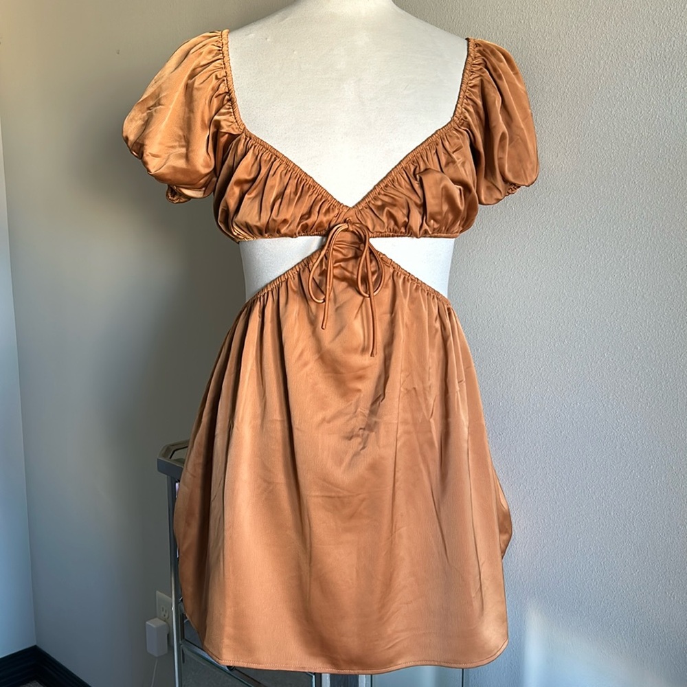 Forever 21 - Womens Bronze/Gold Satin Puff Sleeve Cutout Dress w/ Tie - Size M